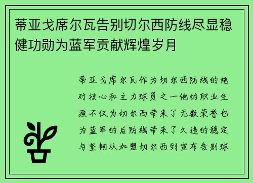 蒂亚戈席尔瓦告别切尔西防线尽显稳健功勋为蓝军贡献辉煌岁月 蒂亚戈席尔瓦告别切尔西防线尽显稳健功勋为蓝军贡献辉煌岁月