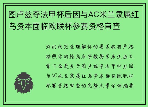 图卢兹夺法甲杯后因与AC米兰隶属红鸟资本面临欧联杯参赛资格审查 图卢兹夺法甲杯后因与AC米兰隶属红鸟资本面临欧联杯参赛资格审查