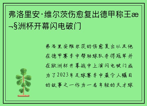 弗洛里安·维尔茨伤愈复出德甲称王欧洲杯开幕闪电破门 弗洛里安·维尔茨伤愈复出德甲称王欧洲杯开幕闪电破门